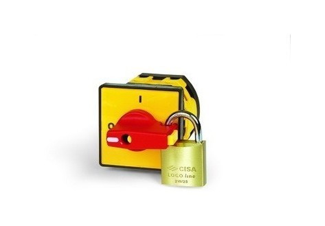 DKC / ДКС Желтая площадка 48х48 - красная ручка B64 д22мм с замком и блокирато