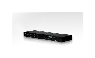 ATEN Переключатель, электрон., KVM, 1 local user PS2+VGA+1 IP user => 16 cpu PS2/USB+VGA, со шнурами USB 2х1.8м., 1600x1200 удал.конс/2048x1536 локал.конс, 1U 19", исп.спец.шнуры, OSD, каскад. до 256, (USB hub 1.1;шифров. RC4 128bit)