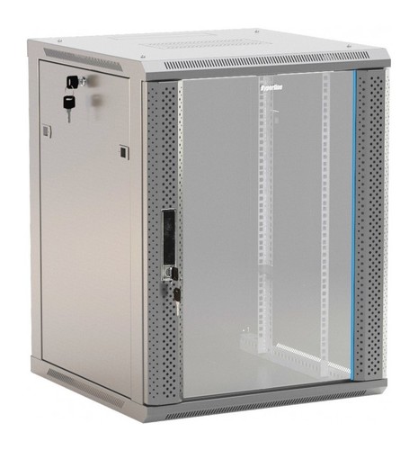 Hyperline Шкаф настенный 19-дюймовый (19"), 4U, 278x600х450мм, стеклянная дверь с перфорацией по бокам, ручка с замком, цвет серый (RAL 7035) (разобранный)