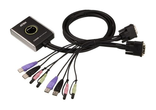 ATEN Переключатель, электрон., KVM+Audio, 1 user USB+DVI-D => 2 cpu USB+DVI-D, со встр.шнурами USB+Audio 2x1.2м., 1920x1200, настол., исп.стандарт.шнуры, без OSD, некаскад., (1920x1200;HDCP;DynaSync (EDID);поддержка ОС Windows/Linux/Mac/Sun)