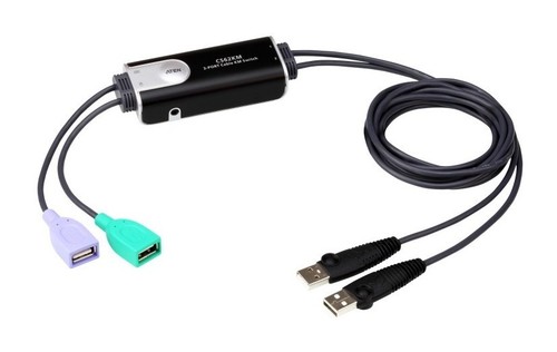 ATEN Переключатель, электрон., KM, 1 user USB => 2 cpu USB, со встр.шнурами USB 2x0.15м+2х1.2м., настольный, без OSD, каскад. до 2-х устройств