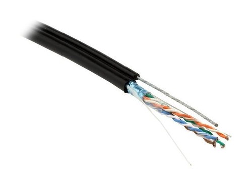 Hyperline (500 м) Кабель витая пара F/UTP, кат.5e, 4 пары(24AWG),одножил.(solid),экран-фольга,с усил.металл.тросом, внешний, PE, -40°C-+50°C, черный - гарантия: 15 лет компонентная